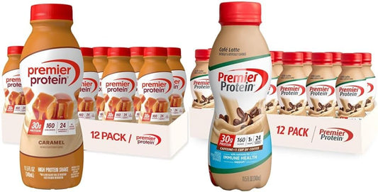 Premier Protein Shake, Café Latte & Caramel, 30g Protein, 1g Sugar, 24 Vitamins & Minerals, 12 Pack Bundle