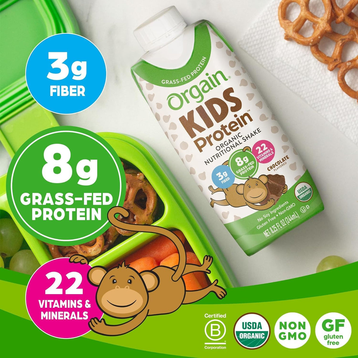 Orgain Organic Kids Protein Nutritional Shake, Strawberry + Chocolate + Vanilla, 8.25 Fl Oz (Pack of 4)