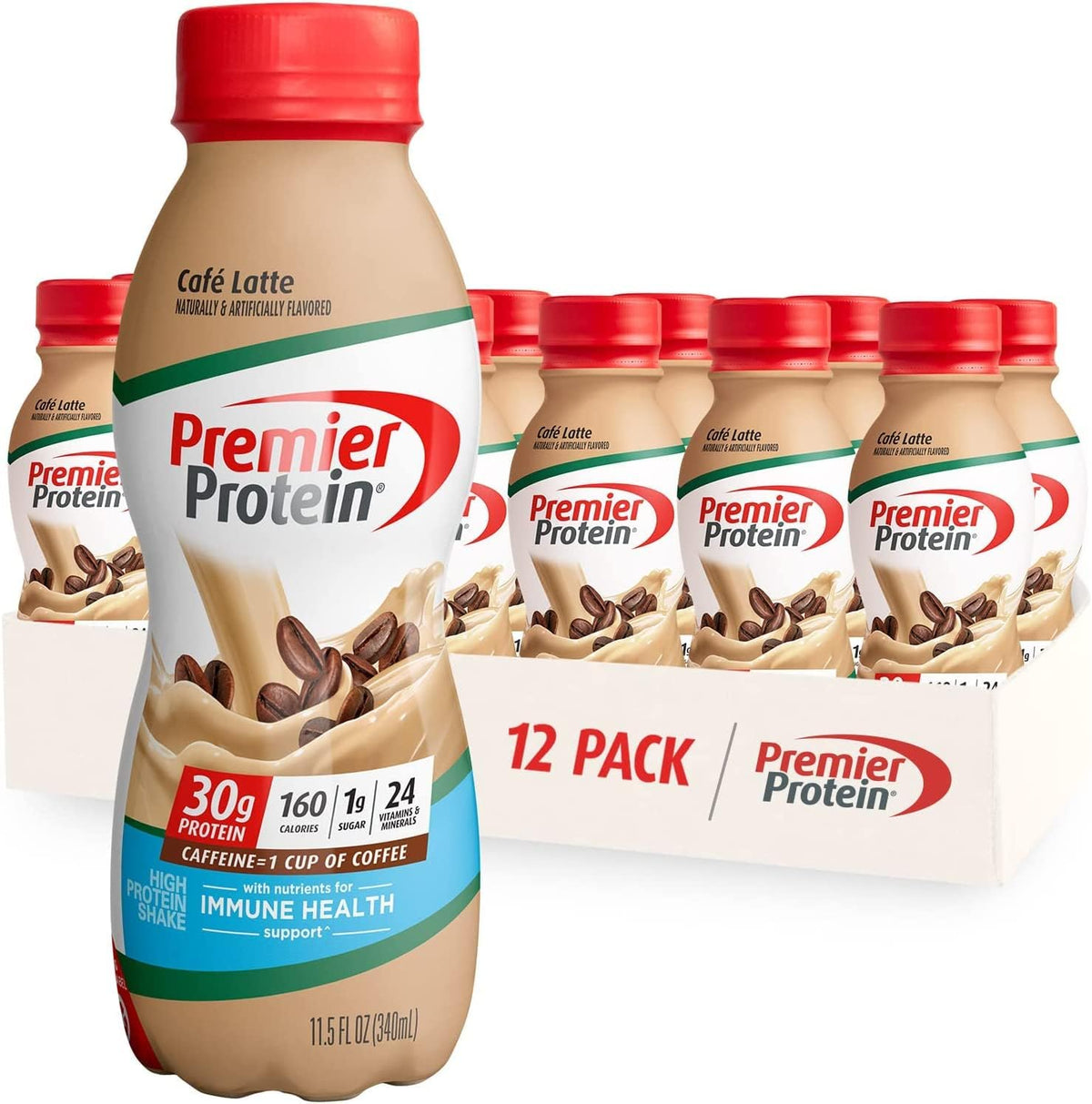 Premier Protein Shake, Café Latte & Caramel, 30g Protein, 1g Sugar, 24 Vitamins & Minerals, 12 Pack Bundle