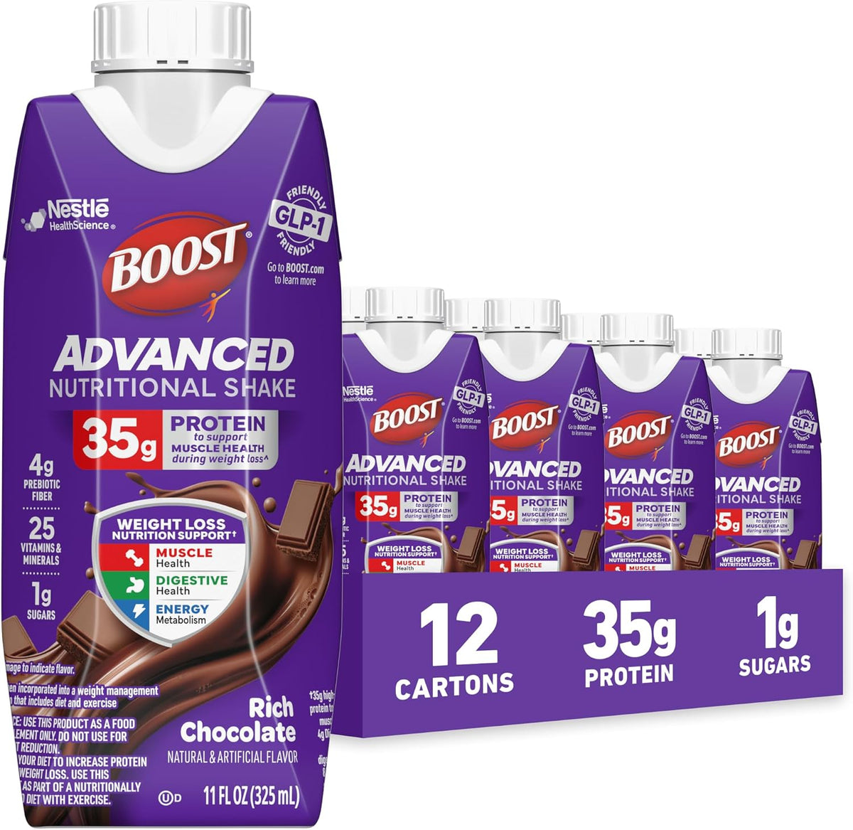 BOOST Advanced Nutritional Protein Shake, Chocolate, 12-11 FL OZ Cartons