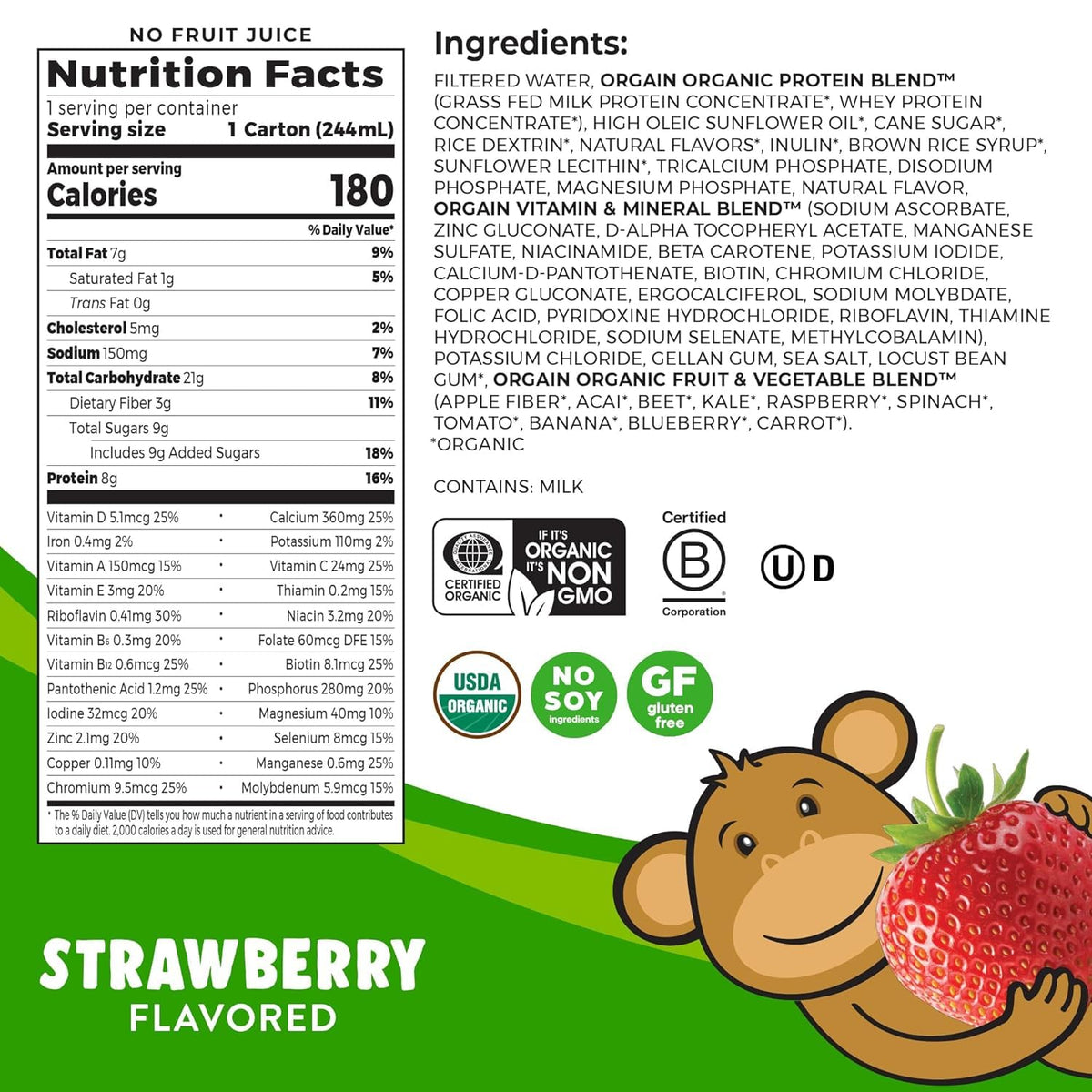 Orgain Organic Kids Protein Nutritional Shake, Strawberry + Chocolate + Vanilla, 8.25 Fl Oz (Pack of 4)