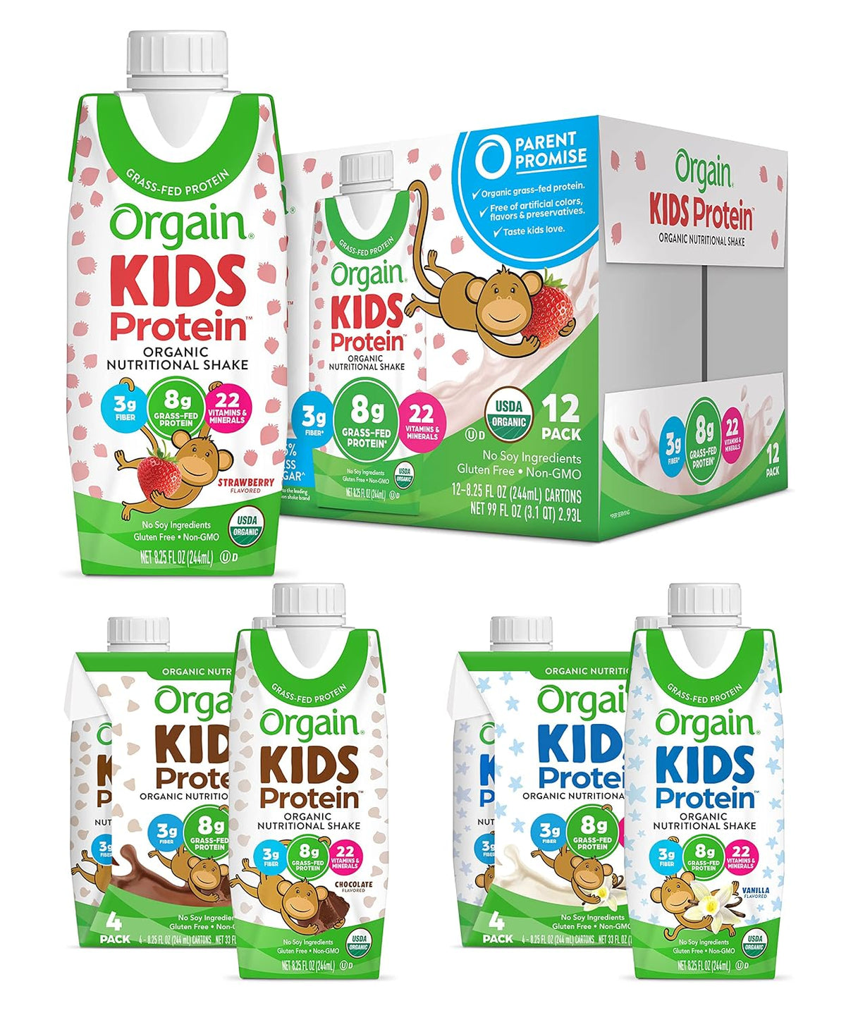 Orgain Organic Kids Protein Nutritional Shake, Strawberry + Chocolate + Vanilla, 8.25 Fl Oz (Pack of 4)